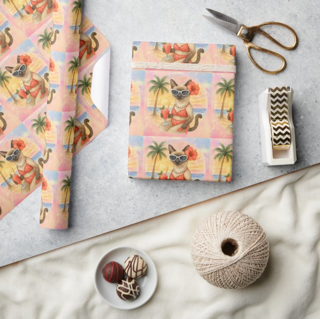 Siamese Cat wears Sunglasses at the beach  Wrapping Paper (Crafts)