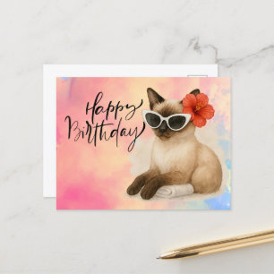 Siamese Cat wears Sunglasses Happy Birthday  Postcard