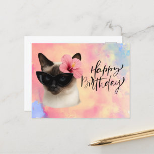Siamese Cat wears Sunglasses Happy Birthday Postcard