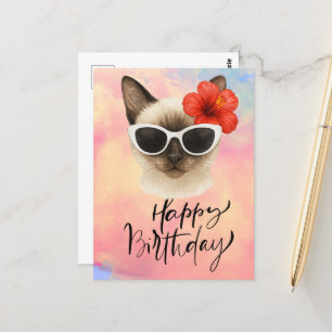 Siamese Cat wears Sunglasses Happy Birthday  Postcard