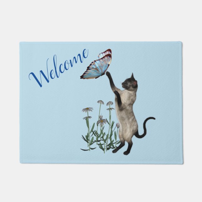 Siamese Cat With Blue Butterfly Animal   Doormat (Front)