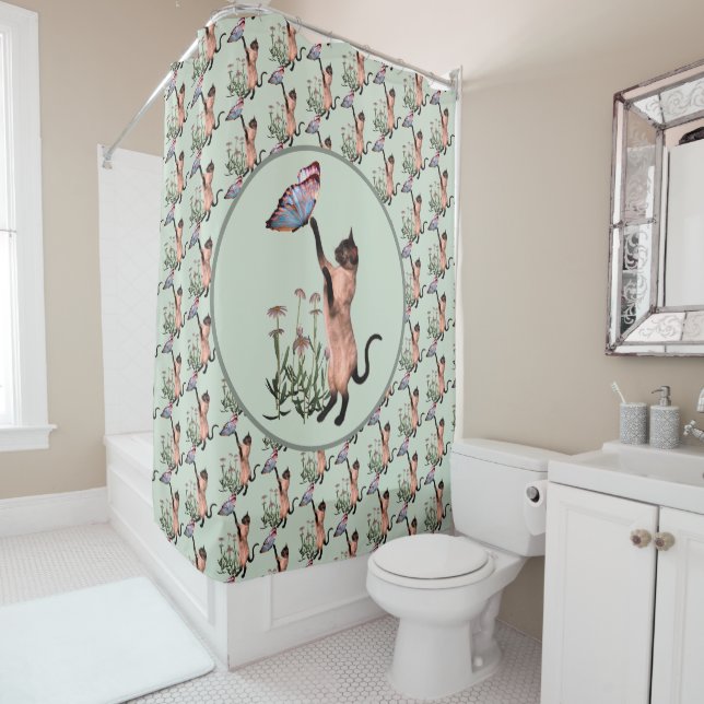 Siamese Cat With Blue Butterfly Animal Pattern  Shower Curtain (In Situ)