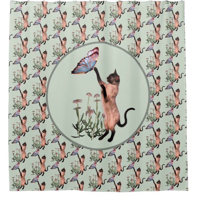 Siamese Cat With Blue Butterfly Animal Pattern  Shower Curtain (Front)