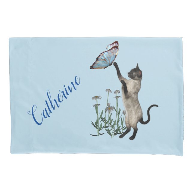 Siamese Cat With Blue Butterfly Personalised  Pillowcase (Front)