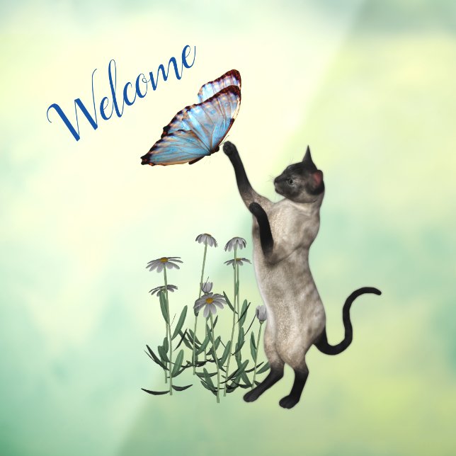 Siamese Cat With Blue Butterfly Welcome Window Cling (Sheet 3)