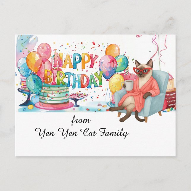Siamese Cat with Happy Birthday Saying Postcard (Front)