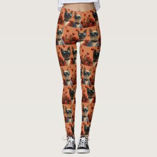 Siamese Cat with Heart Roses Valentine's Day Leggings