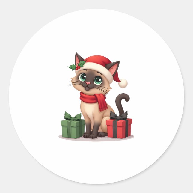 Siamese Cat Xmas Holiday Santa Siamese Cat Christm Classic Round Sticker (Front)