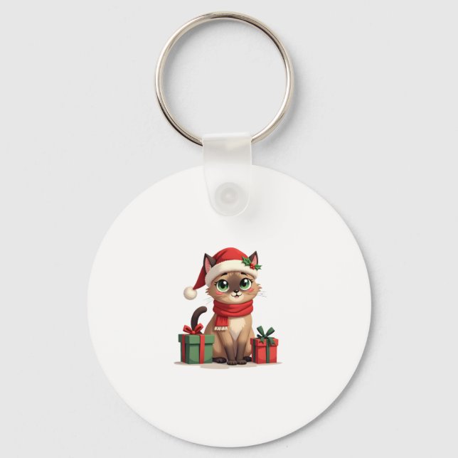 Siamese Cat Xmas Holiday Santa Siamese Cat Christm Key Ring (Front)