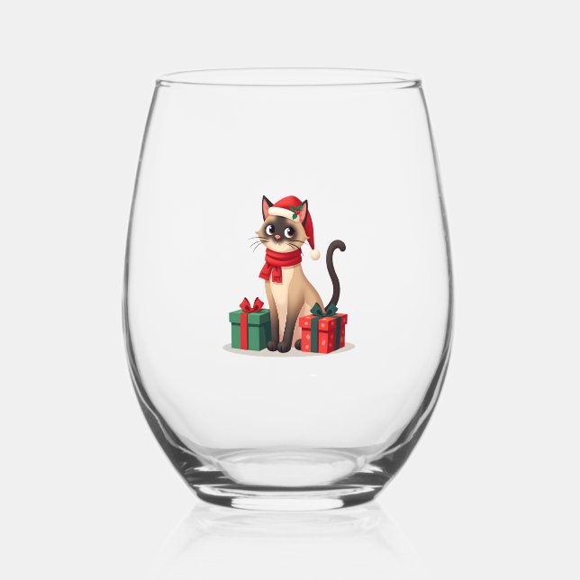 Siamese Cat Xmas Holiday Santa Siamese Cat Christm Stemless Wine Glass (Front)