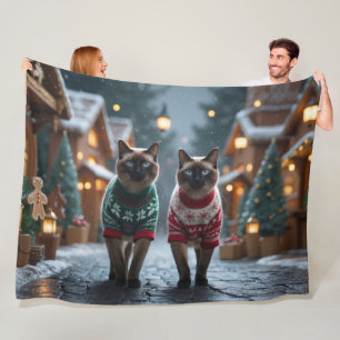 Siamese Cats Christmas Snow Holiday Fleece Blanket