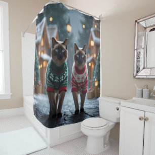 Siamese Cats Christmas Snow Holiday Shower Curtain