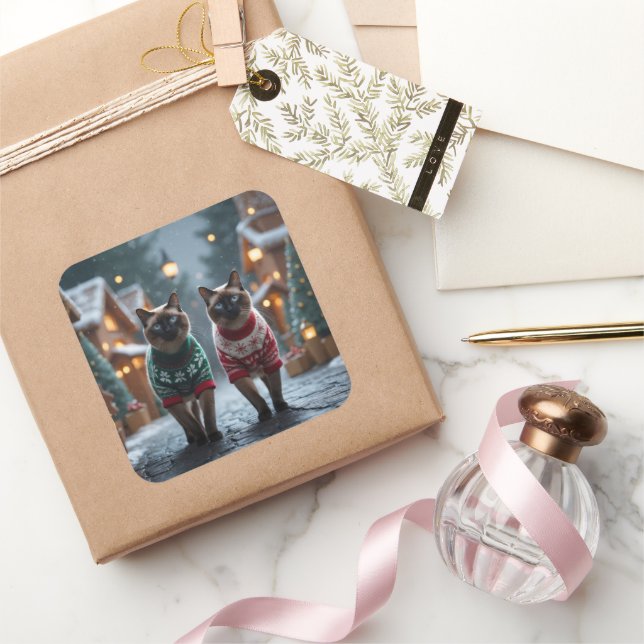 Siamese Cats Christmas Snow Holiday Square Sticker (Gifting)