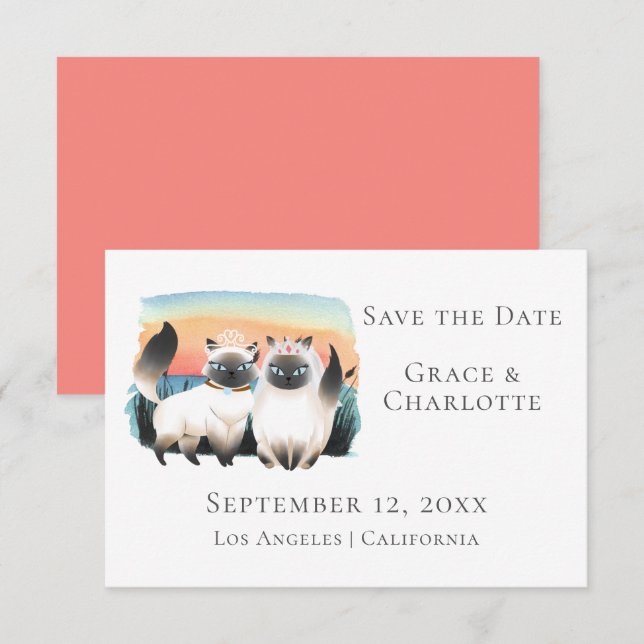 Siamese Cats Gay Lesbian Couple Save The Date Invitation (Front/Back)