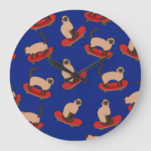 Siamese Cats Skateboards: Vintage Pattern Large Clock