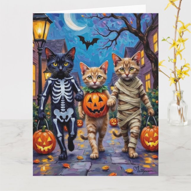 Siamese Cats Trick-or-Treating Halloween Costumes Card (Yellow Flower)