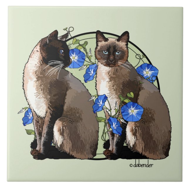 Siamese Cats with Morning Glories Tile (Front)