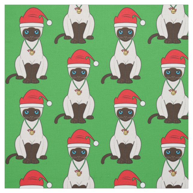 Siamese Christmas Cat with Santa Hat Fabric (Swatch)