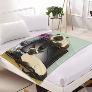 Siamese Computer Office Desk Cats Funny Mischief Fleece Blanket