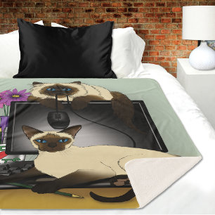 Siamese Computer Office Desk Cats Funny Mischief Sherpa Blanket