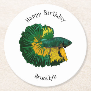 Siamese fighting fish cartoon illustration round paper coaster