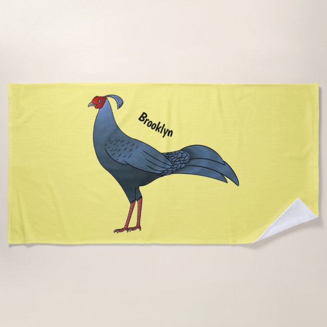 Siamese fireback bird cartoon illustration beach towel (Front)