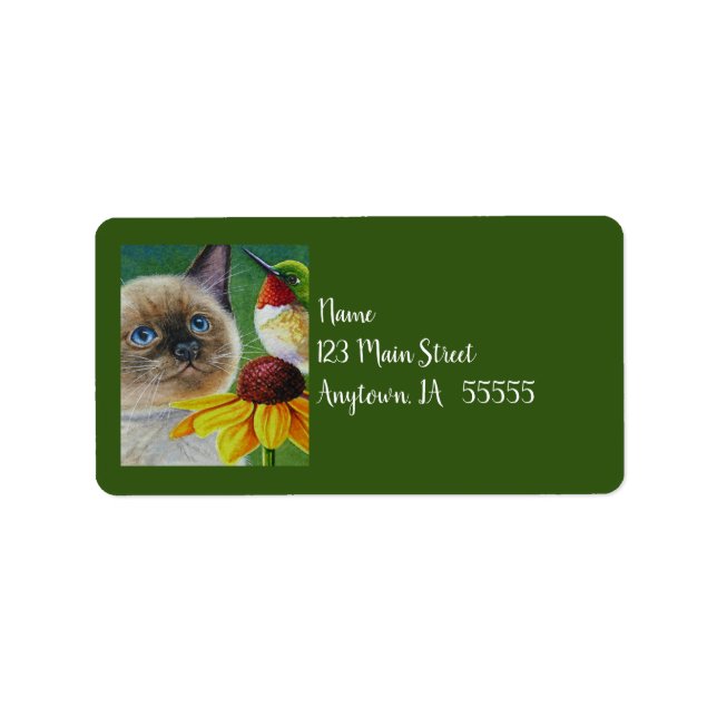 Siamese Kitten & Hummingbird Watercolor Art Label (Front)