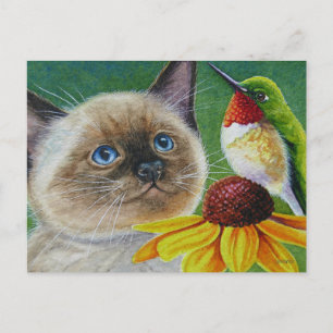 Siamese Kitten & Hummingbird Watercolor Art Postcard