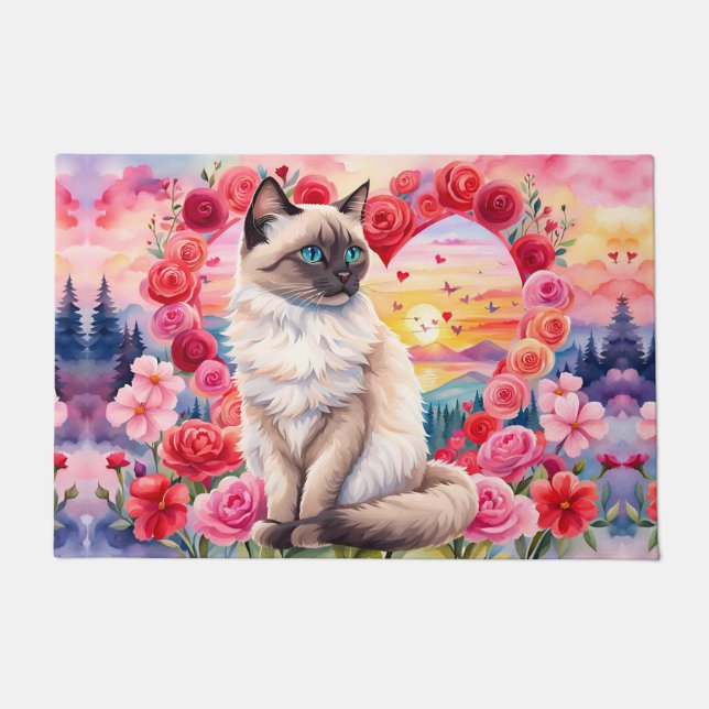 Siamese kitten in Heart of Roses Sunset Doormat (Front)