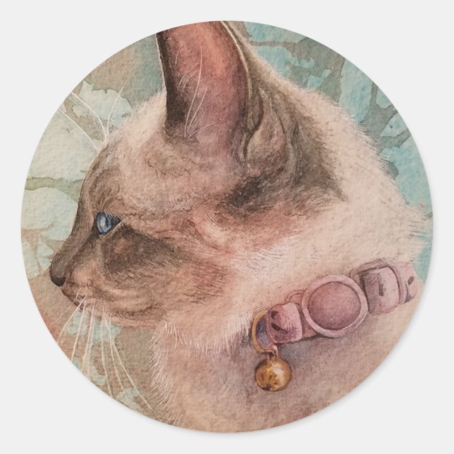 Siamese Kitten Pink Collar Watercolor Art Classic Round Sticker (Front)