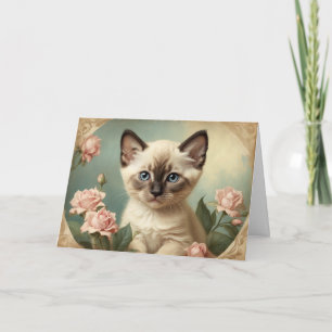 Siamese Kitten Vintage Cute Portrait Flowers Sweet Card
