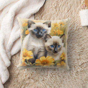 Siamese Kittens with Yellow Flowers  Cushion