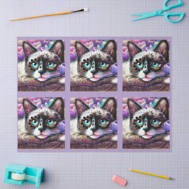 Siamese Kitty Cat Crocus Floral Purple Decoupage Tissue Paper (Craft)