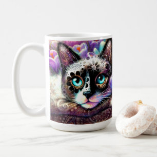 Siamese Kitty Cat Crocus Floral Purple Teal White Coffee Mug