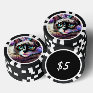 Siamese Kitty Cat Crocus Floral Purple Teal White Poker Chips