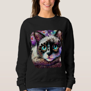 Siamese Kitty Cat Crocus Floral Purple Teal White Sweatshirt