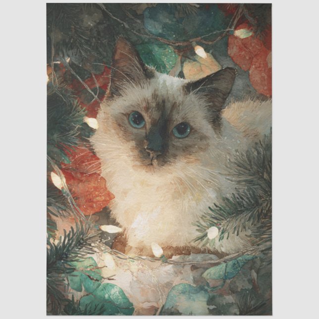 Siamese Point Cat Christmas Decoupage Tissue Paper (Front)