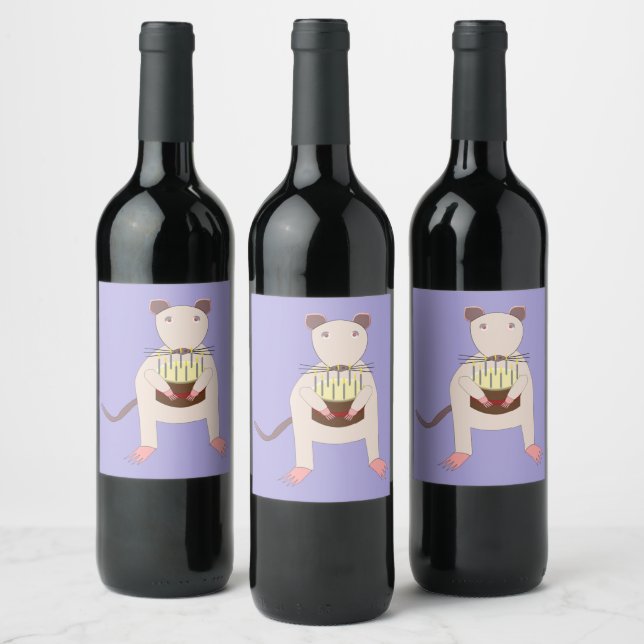 Siamese Rat with Birthday Cake Wine Label (Bottles)