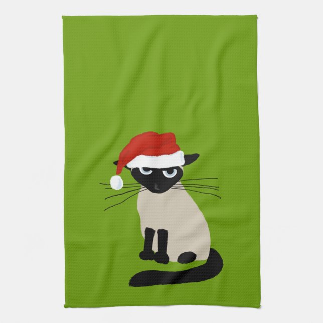 Siamese Santa Claws - Funny Holiday Kitty Cat Tea Towel (Vertical)