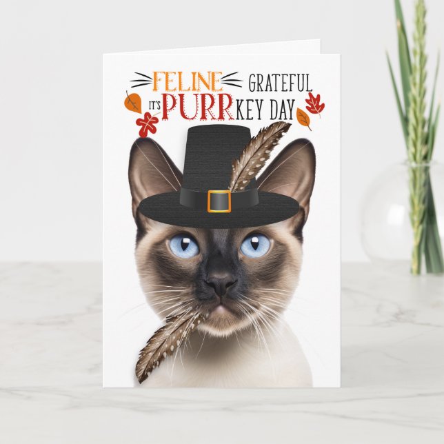 Siamese Seal Point Cat Grateful for PURRkey Day Holiday Card (Front)