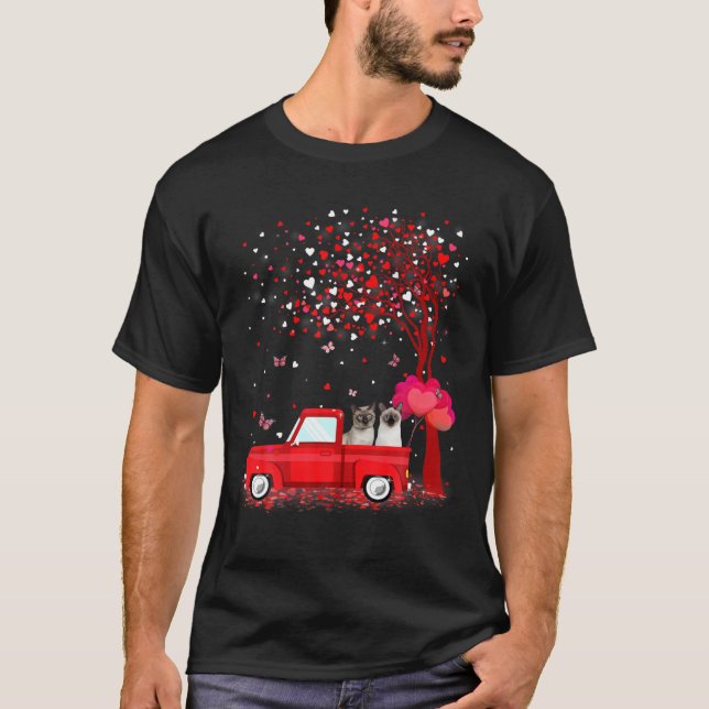 Siamese Valentine's Day Gifts Cats Red Truck Heart T-Shirt (Front)