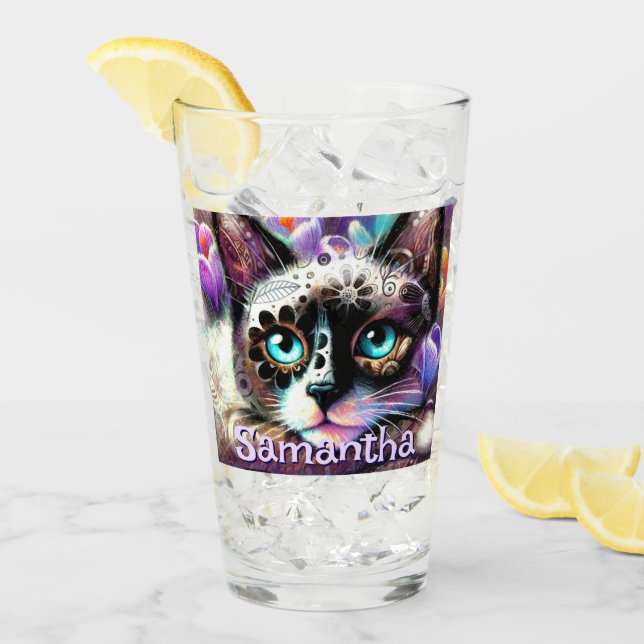 Siamese White Kitty Cat Crocus Floral Personalised Glass (Front Ice)