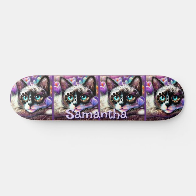 Siamese White Kitty Cat Crocus Floral Personalised Skateboard (Horz)