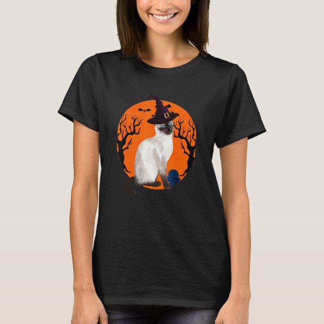 Siamess Cat Cute Halloween Witch Hat And Moon T-Shirt (Front)