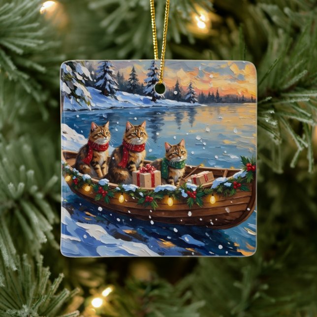 Siberian Cat Christmas Boat Holiday Ceramic Ornament (Tree)