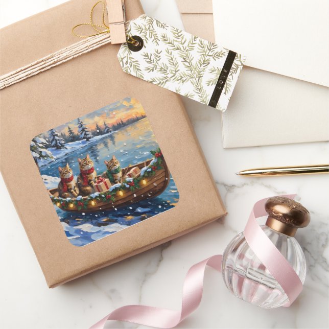 Siberian Cat Christmas Boat Holiday Square Sticker (Gifting)