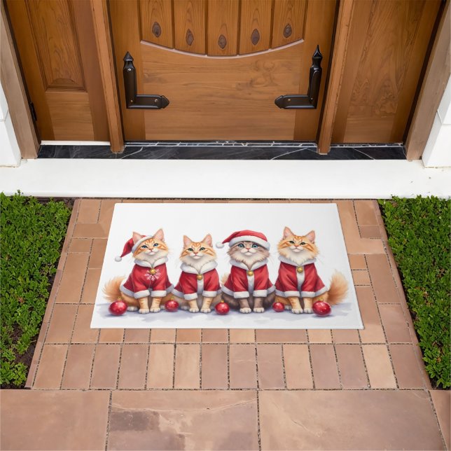 Siberian Cat Christmas Dress Santa Hat Doormat (Outdoor)