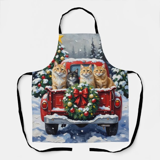 Siberian Cat Christmas Red Truck Holiday Apron (Front)
