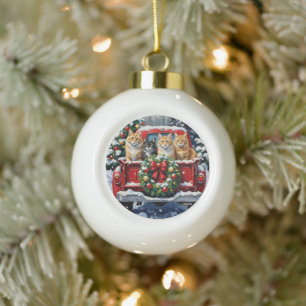Siberian Cat Christmas Red Truck Holiday Ceramic Ball Christmas Ornament