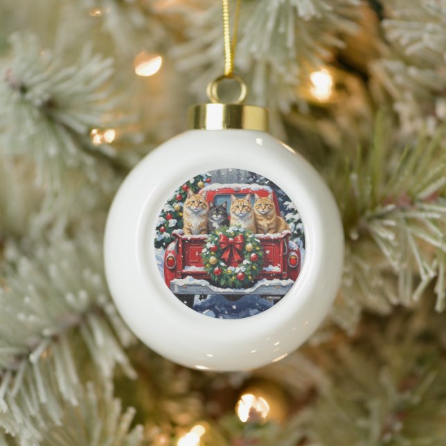 Siberian Cat Christmas Red Truck Holiday Ceramic Ball Christmas Ornament (Tree)